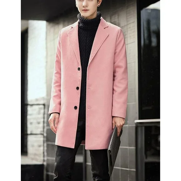 ✨Men Pink Wool Blend Pea Coat Notched Collar Single Overcoat Warm Trench Coat